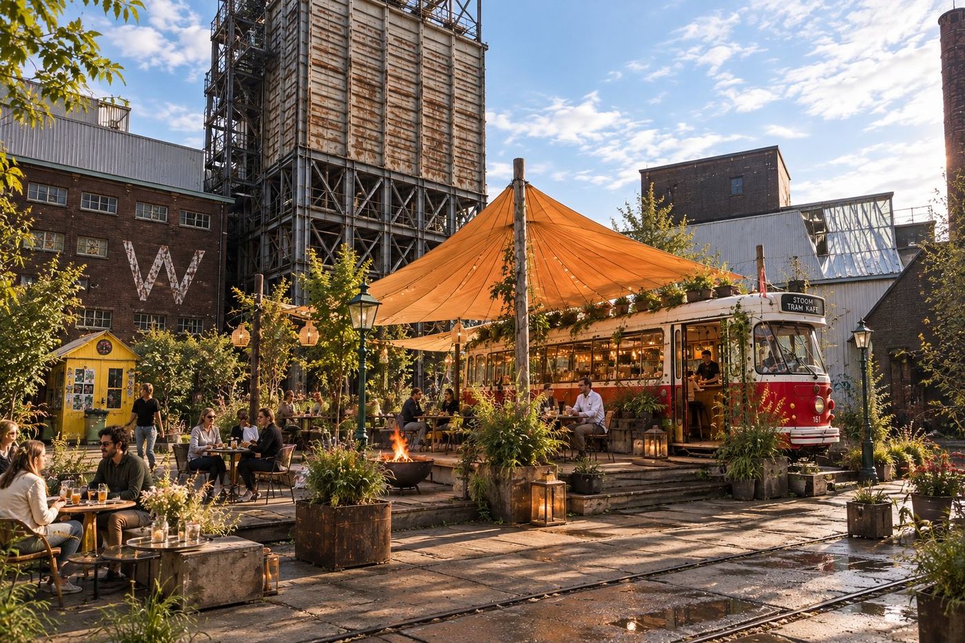 Sfeerbeeld: de tram overdag, met een groen terras onder een oranje doek